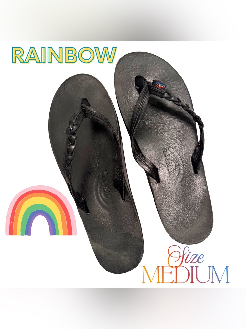 Rainbow Black Flirty Braidy Braided Leather Flip Flops Sz Medium Gently Worn